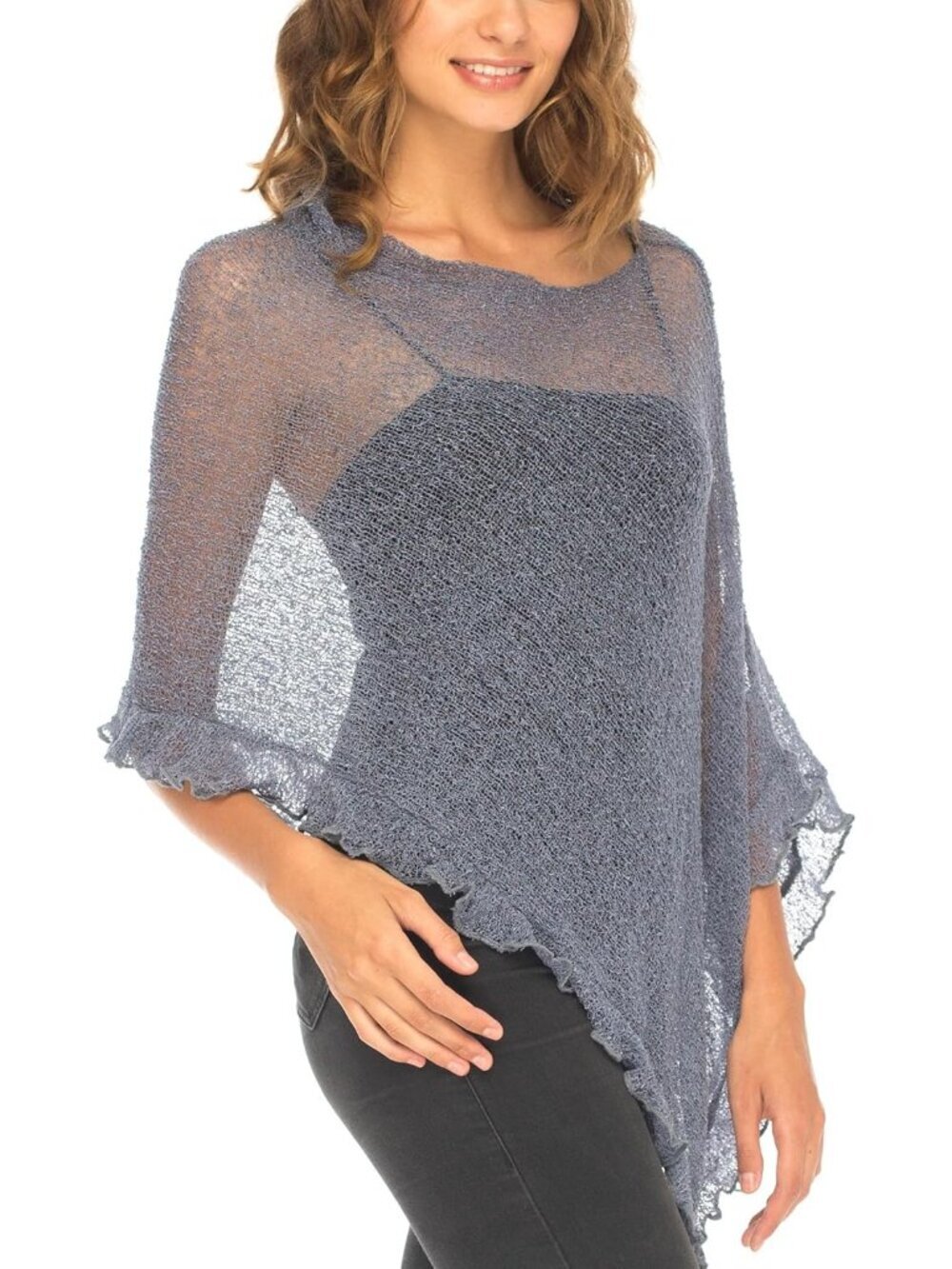 〽️Women’s Grey Sheer Knit Poncho Shrug Lightweight Asymmetrical Ruffle Wraps